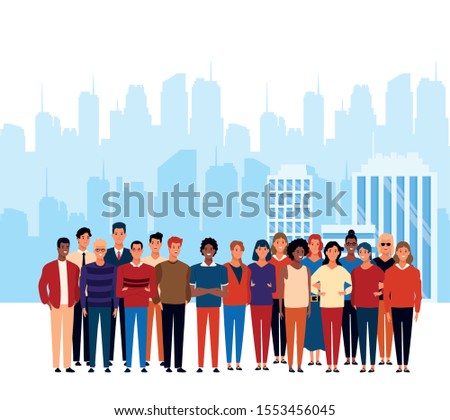 cartoon crowd people standing over urban city landscape background, colorful design. vector illustration