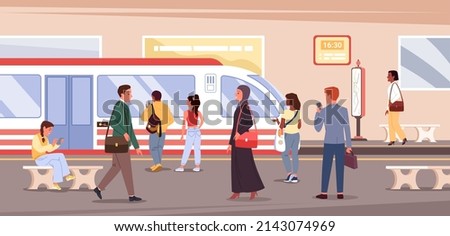 Cartoon crowd of people travel, waiting and standing on platform with metro train background. City transportation concept. Underground subway station interior with passengers vector illustration