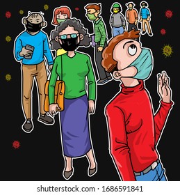 Cartoon crowd people wearing mask long queue and keep distance between each other protect them from corona virus