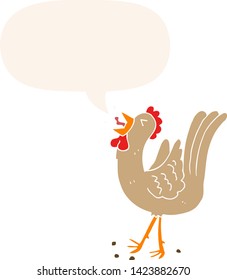 caricatura de gallo con burbuja de habla en estilo retro