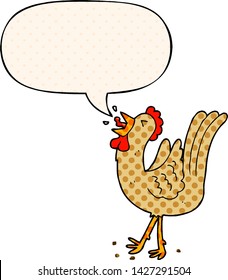 cartoon crowing cockerel with speech bubble in comic book style
