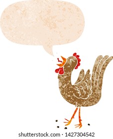 cartoon crowing cockerel with speech bubble in grunge distressed retro textured style
