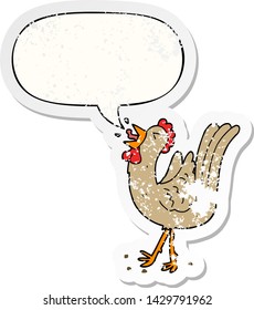 caricatura que revuelve a un gallo con una burbuja de habla angustiada pegatina vieja