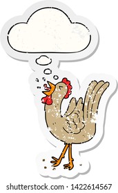 cartoon crowing cockerel with thought bubble as a distressed worn sticker
