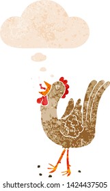 caricatura de gallo con burbuja de pensamiento en un estilo retro angustiado y con texturas estrafalarias