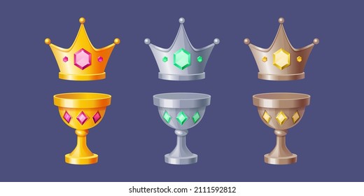 Cartoon crowns and cups for king or queen, royal crowning Monarch headdress and grail goblets. Treasure, game assets, gold, silver and platinum monarchy medieval emperor coronation symbols, vector set