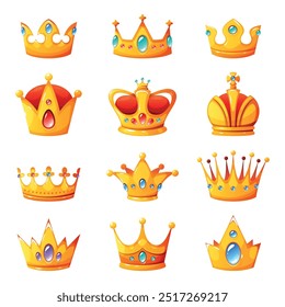 Cartoon crowns. Golden royal authority symbols with jewels, king, queen and princess tiaras, imperial coronas, medieval diadem, prince coronation, heraldic elements, vector isolated set