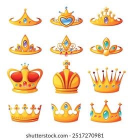 Cartoon crowns and tiaras. Royal power symbols, gold headdresses with jewelry and diamonds, medieval king, queen and princess accessories, coronation symbol, vector isolated on white set