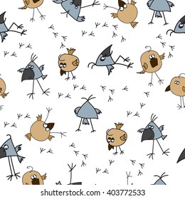 Cartoon crows and sparrows with tracks on white.