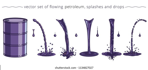 Cartoon crude oil. Vector set of trickles, drops and splashes. Greasy oil barrel and collection of black and purple liquid elements. Templates for advertising in petroleum industry and oil trading.