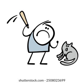 Ein grausamer Karikaturenstickman schwang einen Baseballschläger auf ein Kätzchen. Vektorgrafik der Gewalt gegen Haustiere. Doodle böse Besitzer und Haus-oder Wildkatze. Isolierte Zeichen auf weißem Hintergrund.