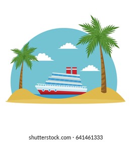 cartoon cruise ship tropical beach palm tree