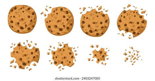 Cartoon crunchy cookies. Bitten tasty biscuits with chocolate drops, traditional american sweets snack, pastry crumbs and pieces, vector set.eps
