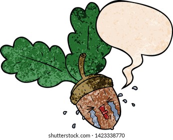 caricatura llorando bellota con burbuja de habla en estilo de textura retro