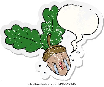 caricatura llorando a bellota con una burbuja de habla angustiada pegatina vieja