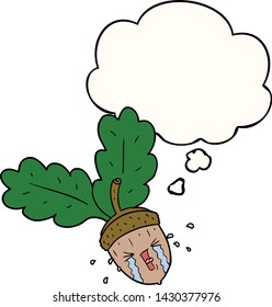 caricatura llorando bellota con burbuja de pensamiento
