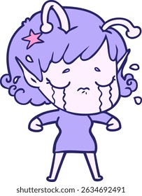 cartoon crying alien girl in bright neon colors