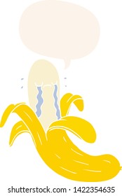 caricatura llorando banana con burbuja de habla en estilo retro