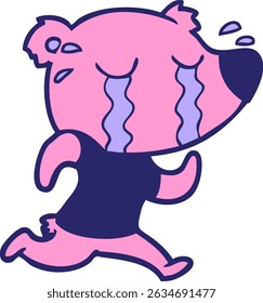 cartoon crying bear running in bright neon colors