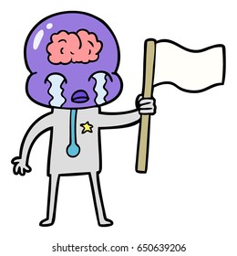 desenho animado chorando grande cérebro alienígena acenando uma bandeira