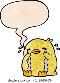 cartoon crying bird with speech bubble in retro texture style