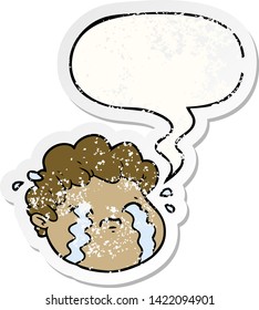 cartoon crying boy with speech bubble distressed distressed old sticker