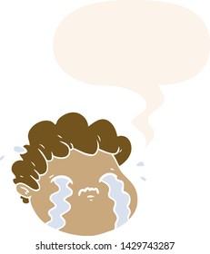 cartoon crying boy with speech bubble in retro style