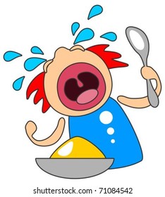 Cartoon crying child with porridge isolated on a white background.
