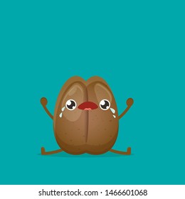 cartoon crying coffee bean character sitting on the floor isolated on turquoise background. funky food kawaii character