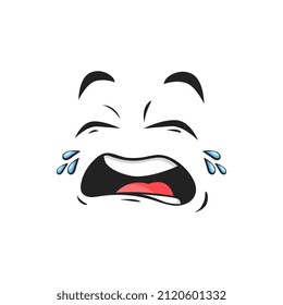 Cartoon crying face, upset emoji with tears falling from eyes. Vector dissatisfied facial expression, weepie, crybaby unhappy negative feelings isolated on white background