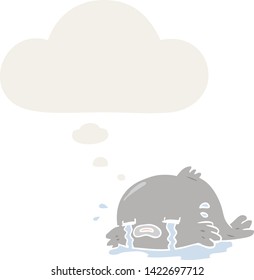 caricatura llorando peces con burbuja de pensamiento en estilo retro