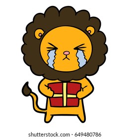caricatura llorando león con regalo