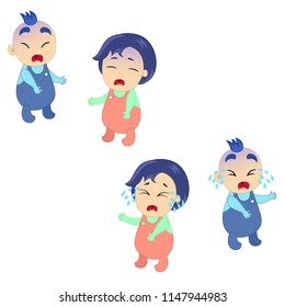Cartoon crying little baby boy and girl with mouth wide open. Colorful vector illustration of emotion isolated on white background