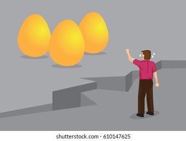 Cartoon crying man and golden eggs separated by huge cracks on ground. Creative vector illustration for concept on unattainable get rich dream.