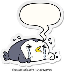 caricatura llorando pingüino con pegatina de burbuja de habla