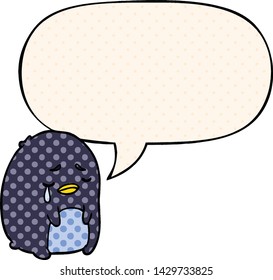 cartoon crying penguin with speech bubble in comic book style
