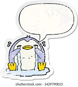 cartoon crying penguin with speech bubble distressed distressed old sticker