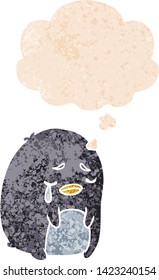 cartoon crying penguin with thought bubble in grunge distressed retro textured style