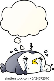 pingüino llorando de dibujos animados con burbuja de pensamiento en un estilo de gradiente suave