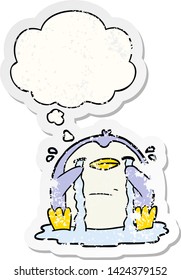caricatura llorando pingüino con burbuja de pensamiento como pegatina gastada angustiada