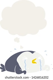 cartoon crying penguin with thought bubble in retro style