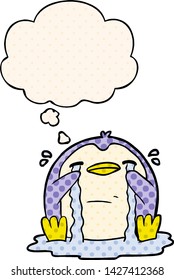 caricatura llorando pingüino con burbuja de pensamiento en el estilo de las historietas