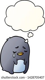 pingüino llorando de dibujos animados con burbuja de pensamiento en un estilo de gradiente suave