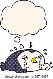 cartoon crying penguin with thought bubble in comic book style