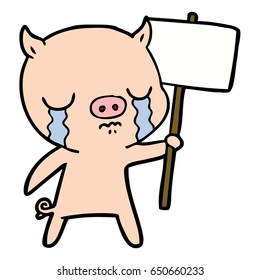 Cartoon Crying Pig With Sign Post