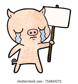 cartoon crying pig with sign post