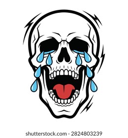 A cartoon crying skull with an open mouth and red tongue expressing anguish or despair on white background