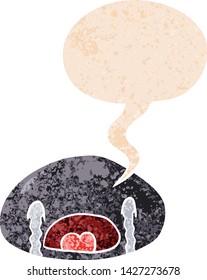 cartoon crying spider with speech bubble in grunge distressed retro textured style
