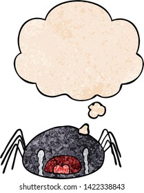 cartoon crying spider with thought bubble in grunge texture style