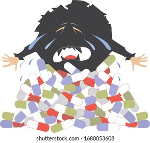 Cartoon crying virus and a pile of pills concept illustration. Perishing crying virus appears from a big pile of pills isolated on white
